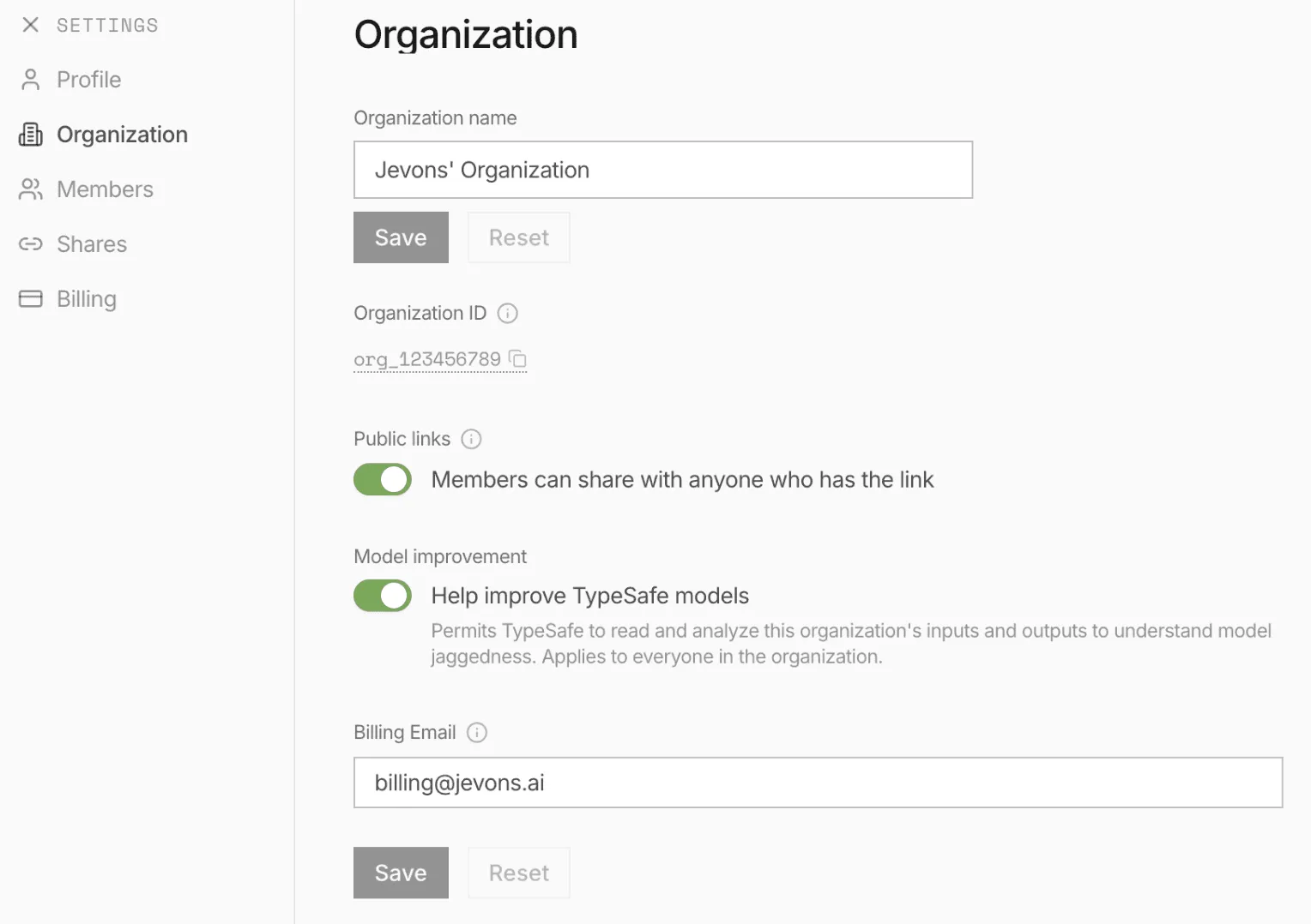 Настройка Model improvement в консоли TypeSafe. Она разрешает компании читать и анализировать входы и выходы всей организации.